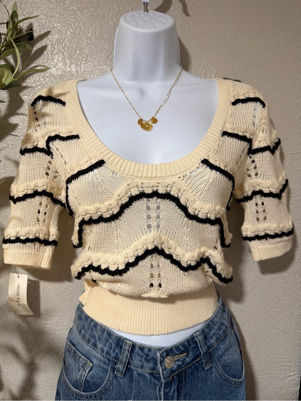Ella Moss Cream Scoopneck Sweater with Black Trim